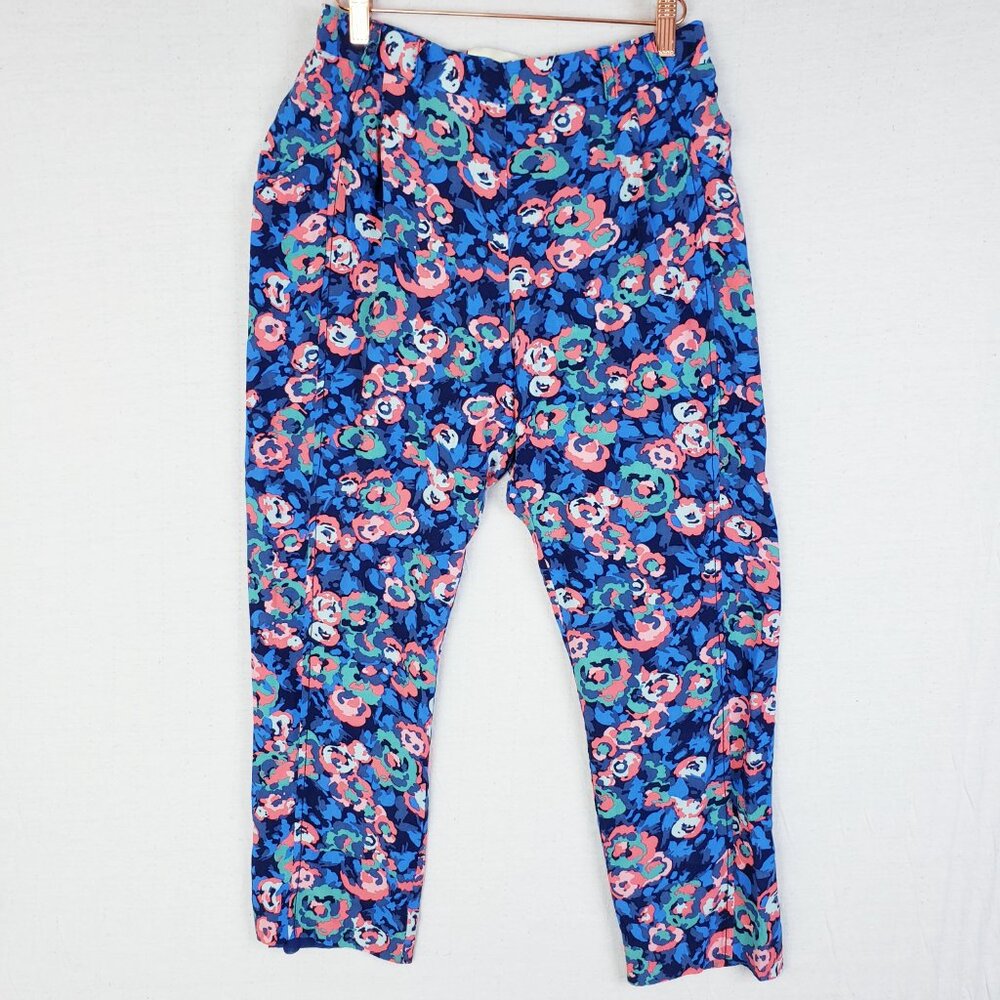 Anthropologie Elevenses Pants Coral Blue Floral Print Rayon size 8 Relaxed Crop
